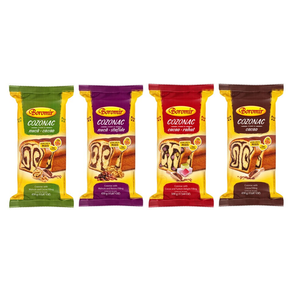 Boromir Cozonac Walnuts and Cocoa, Walnuts and Raisins, Cocoa & Turkish Delight Filling Swirl Cake Sweet Breads - 4 Pack