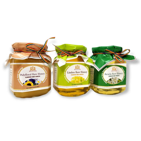 Belevini Miere Salcam/ Tei/ Poliflora Premium Raw Honey Set: Acacia, Linden and Polyfloral 3x400g